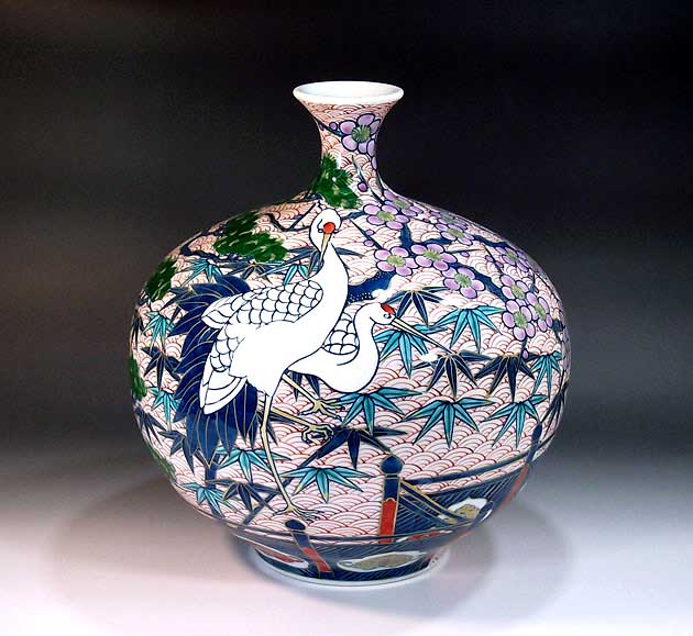有田焼・伝統工芸・総手描き古伊万里様式金彩松竹梅鶴絵飾り鶴首花瓶陶芸作家 藤井錦彩 作