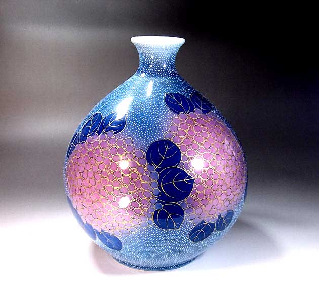 有田焼・伝統工芸・総手描き金彩釉裏紅紫陽花絵飾り花瓶陶芸作家 藤井錦彩 作