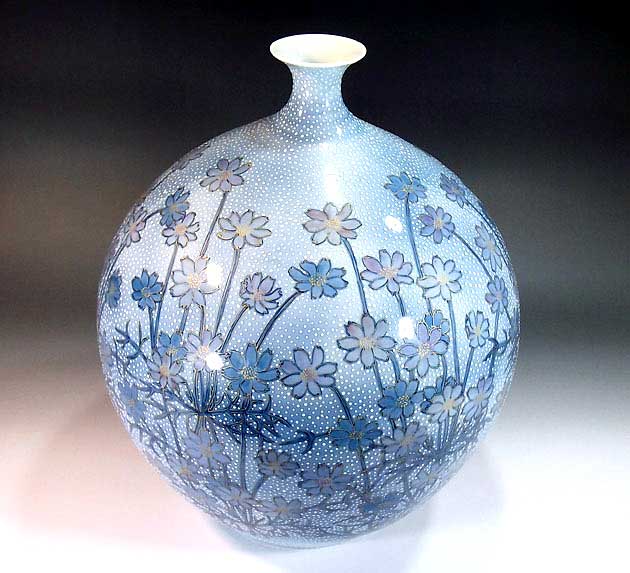 有田焼・伝統工芸・総手描き染錦金彩釉裏紅コスモス絵飾り花瓶陶芸作家 藤井錦彩 作 [3]