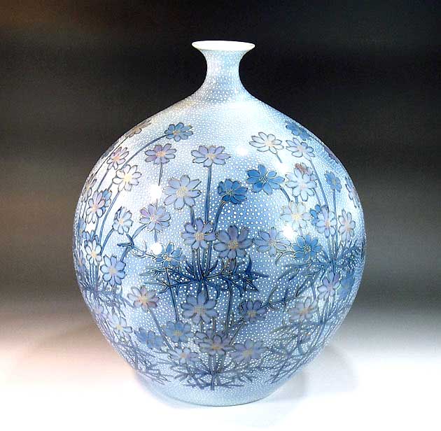 有田焼・伝統工芸・総手描き染錦金彩釉裏紅コスモス絵飾り花瓶陶芸作家 藤井錦彩 作 [2]