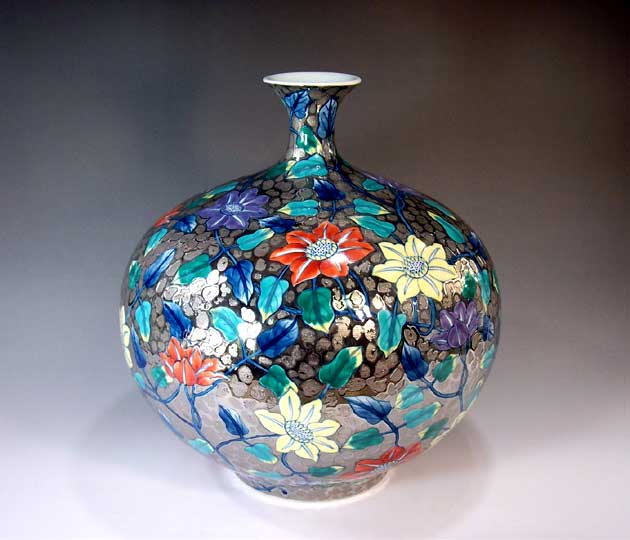 有田焼・伝統工芸・総手描き染錦プラチナ彩鉄線花絵飾り花瓶陶芸作家 藤井錦彩 作