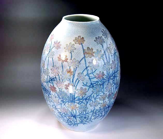 有田焼・伝統工芸・総手描き和紙染金彩コスモス絵飾り花瓶陶芸作家 藤井錦彩 作 [2]