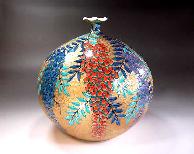 有田焼・伝統工芸・総手描き染錦黄金藤絵飾り花瓶陶芸作家 藤井錦彩 作