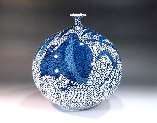 有田焼・伝統工芸・総手描き染付鶉絵飾り花瓶陶芸作家 藤井錦彩 作