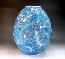 有田焼・伝統工芸・総手描き染付金彩鶉絵飾り花瓶陶芸作家 藤井錦彩 作