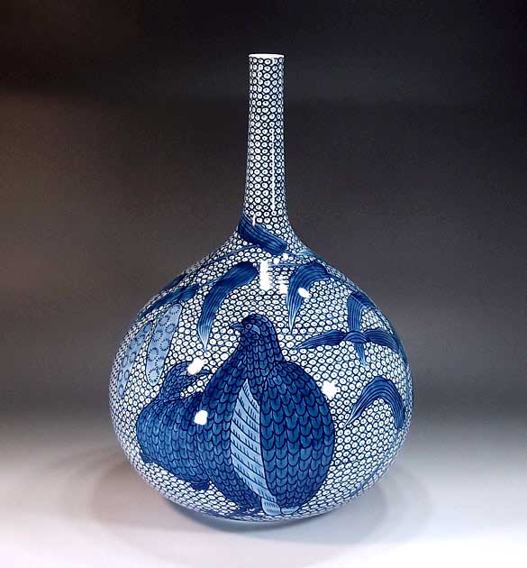 有田焼・伝統工芸・総手描き染付丸文様鶉絵飾り鶴首花瓶陶芸作家 藤井錦彩 作