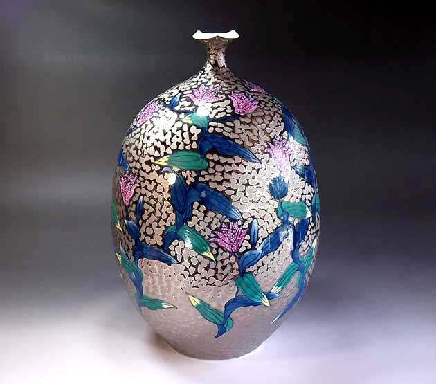 有田焼・伝統工芸・総手描き染錦プラチナ彩ほととぎす絵飾り花瓶陶芸作家 藤井錦彩 作