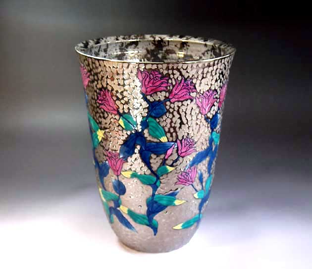 有田焼・伝統工芸・総手描き染錦プラチナ彩ほととぎす絵飾り花瓶陶芸作家 藤井錦彩 作