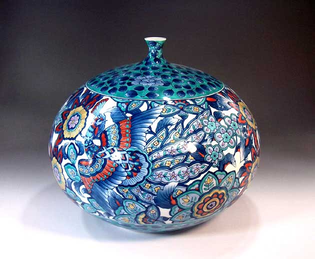 有田焼・伝統工芸・総手描き染錦牡丹唐草割鳳凰絵飾り花瓶陶芸作家 藤井錦彩 作