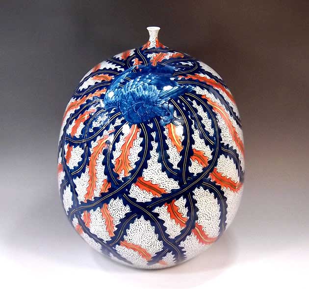 有田焼・伝統工芸・総手描き染錦金彩鳳凰絵飾り花瓶陶芸作家 藤井錦彩 作