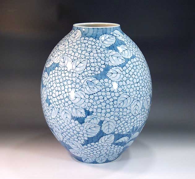 有田焼・伝統工芸・総手描き染付紫陽花蛙絵花瓶陶芸作家 藤井錦彩 作