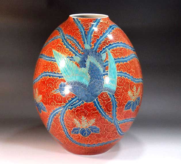 有田焼・伝統工芸・総手描き金欄手雲文様鳳凰絵飾り花瓶陶芸作家 藤井錦彩 作