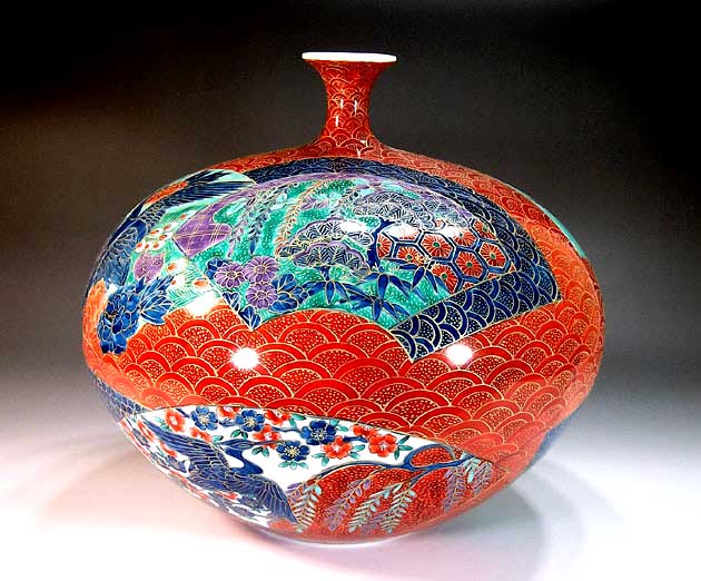 有田焼・伝統工芸・総手描き金彩青海波扇割花鳥絵飾り花瓶陶芸作家 藤井錦彩 作 [3]