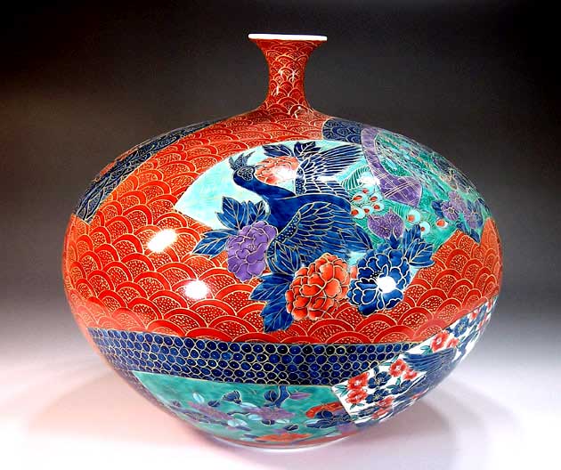 有田焼・伝統工芸・総手描き金彩青海波扇割花鳥絵飾り花瓶陶芸作家 藤井錦彩 作 [2]