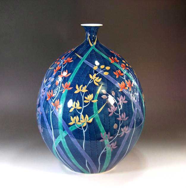 有田焼・伝統工芸・総手描き染錦蘭絵飾り花瓶陶芸作家 藤井錦彩 作