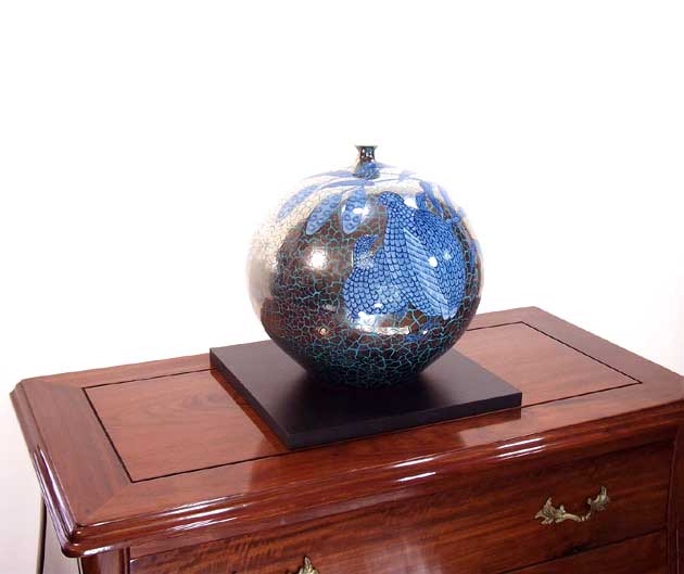 有田焼・伝統工芸・総手描き染錦プラチナ彩鶉絵飾り花瓶陶芸作家 藤井錦彩 作