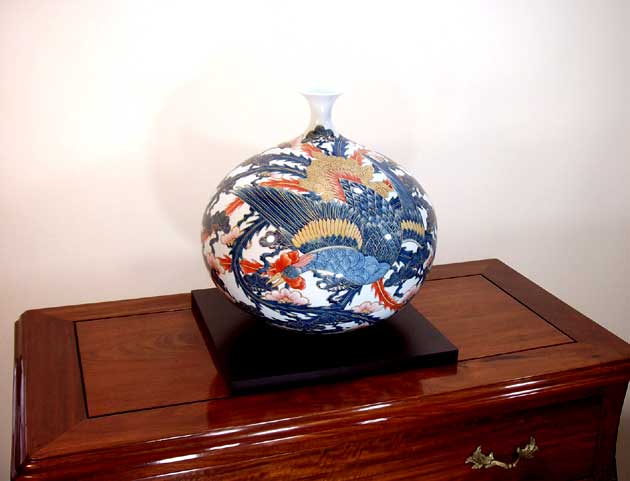 有田焼・伝統工芸・総手描き染錦金彩松鳳凰絵飾り花瓶陶芸作家 藤井錦彩 作 [3]