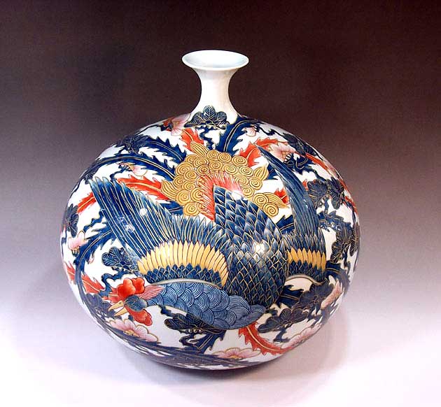 有田焼・伝統工芸・総手描き染錦金彩松鳳凰絵飾り花瓶陶芸作家 藤井錦彩 作 [2]