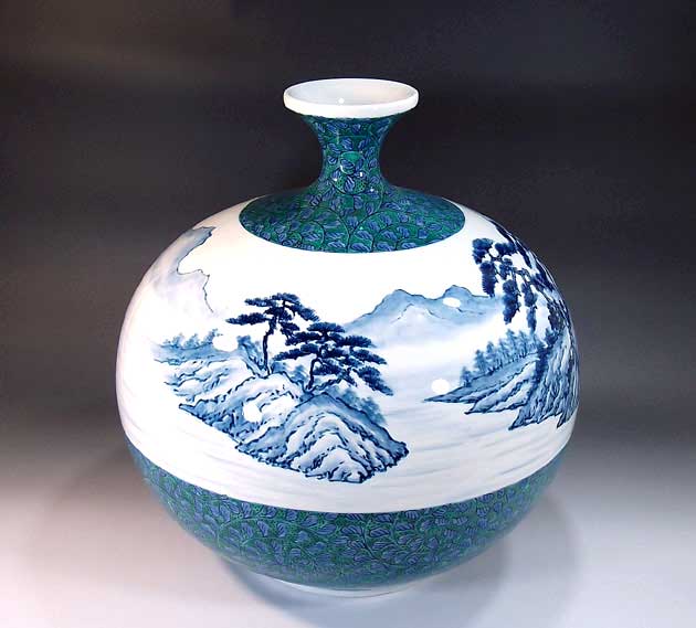 有田焼・伝統工芸・総手描き染錦唐草割山水画飾り花瓶陶芸作家 藤井錦彩 作 [3]