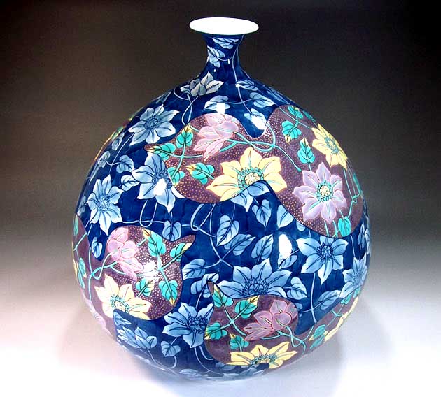 有田焼・伝統工芸・総手描き色鍋島様式金彩瓢箪割鉄線花絵飾り花瓶陶芸作家 藤井錦彩 作 [2]