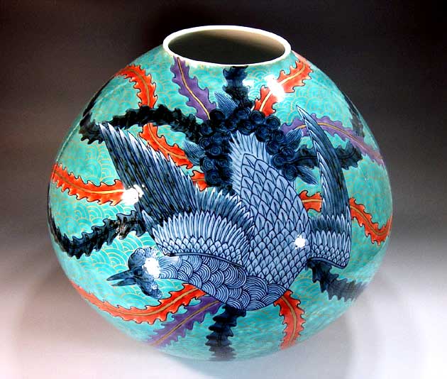有田焼・伝統工芸・総手描き金欄手様式青海波鳳凰絵花瓶陶芸作家 藤井錦彩 作