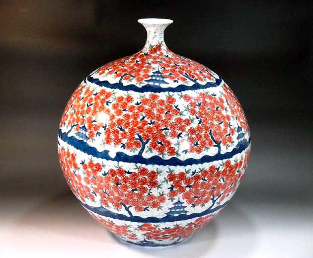 有田焼・伝統工芸・総手描き染錦楼閣絵飾り花瓶陶芸作家 藤井錦彩 作