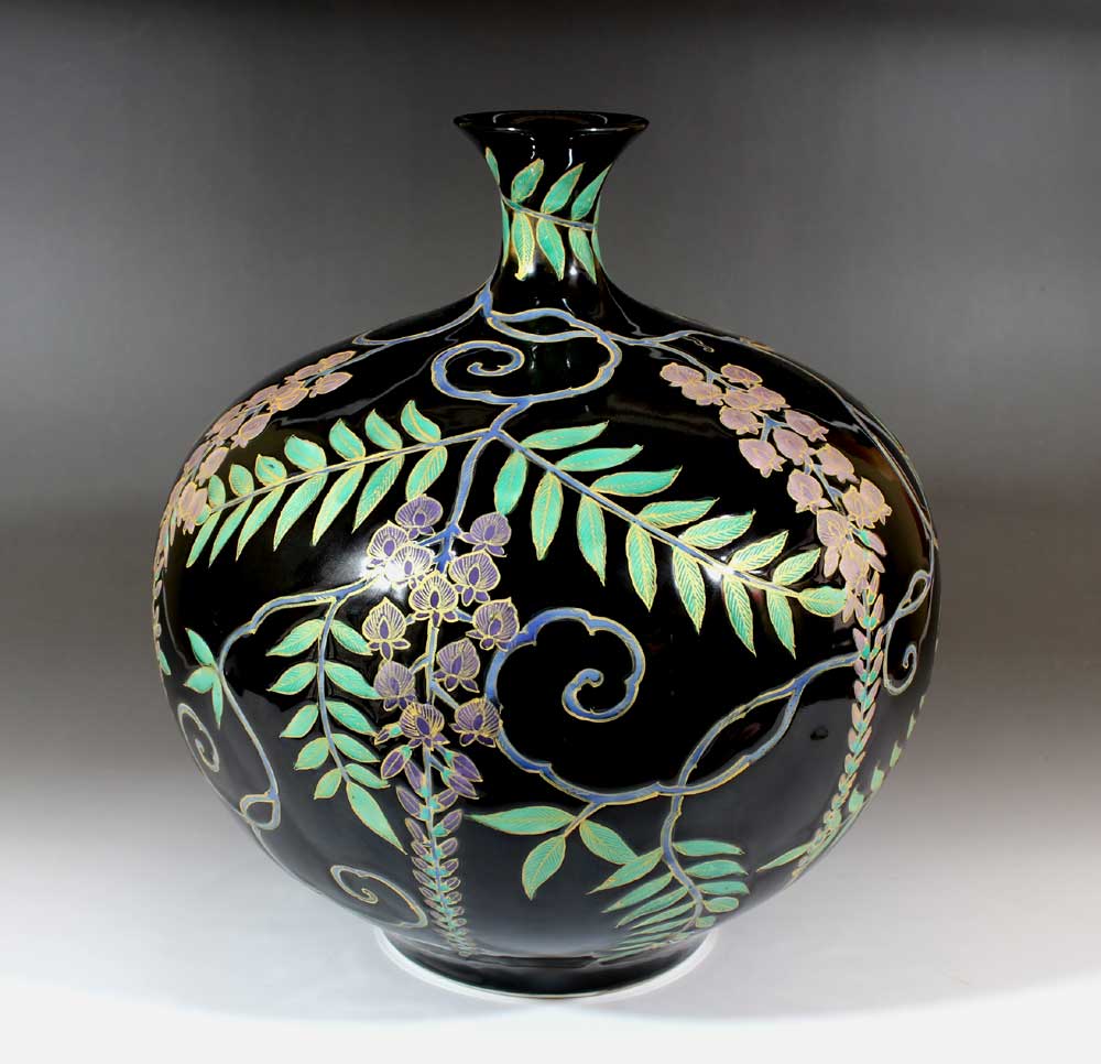 有田焼・伝統工芸・総手描き天目釉金彩藤絵飾花瓶陶芸作家 藤井錦彩 作