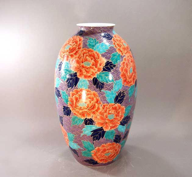 有田焼・伝統工芸・総手描き染錦金彩青海波牡丹絵特大花瓶陶芸作家 藤井錦彩 作