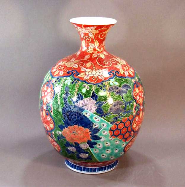 有田焼・伝統工芸・総手描き染錦金彩花鳥図特大花瓶陶芸作家 藤井錦彩 作