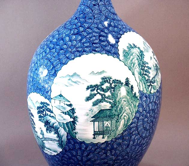 有田焼・伝統工芸・総手描き染付唐草割山水画特大...の紹介画像3