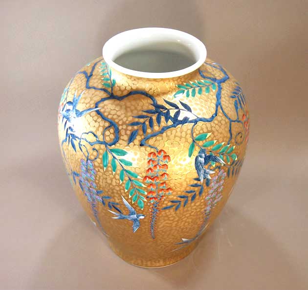 有田焼・伝統工芸・総手描き染錦黄金藤燕絵特大花瓶陶芸作家 藤井錦彩 作 [2]