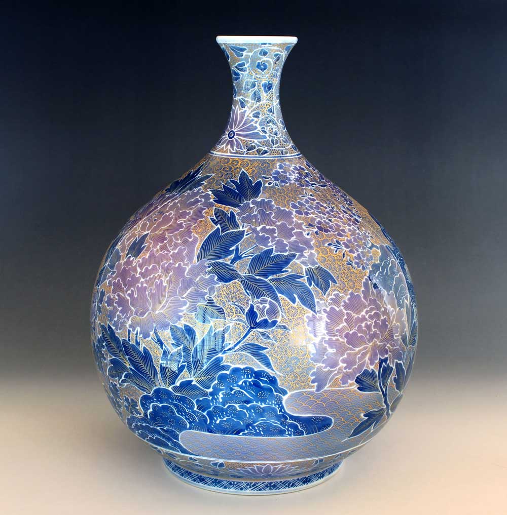 特別作品・極上手・総手描き・伝統工芸金襴手様式釉裏彩鴛鴦景図花瓶陶芸作家 藤井錦彩 作 [3]