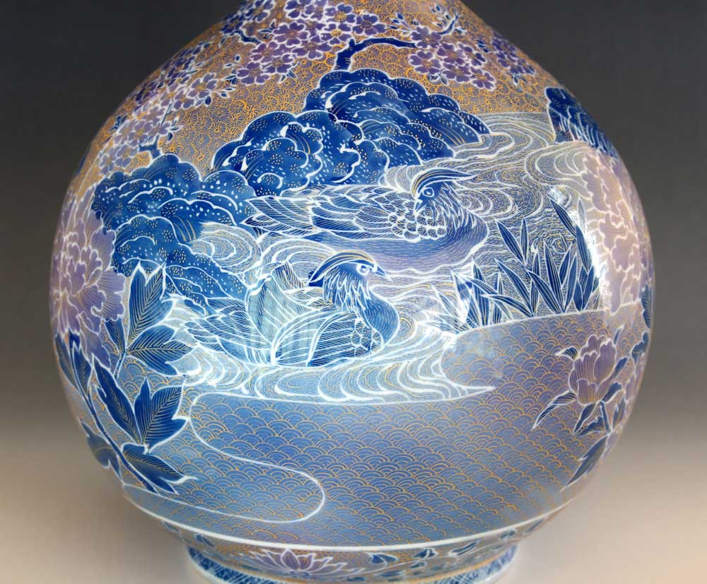 特別作品・極上手・総手描き・伝統工芸金襴手様式釉裏彩鴛鴦景図花瓶陶芸作家 藤井錦彩 作 [2]