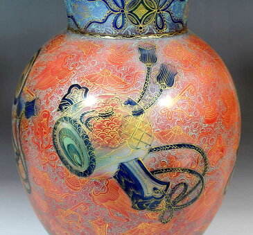 特別作品・極上手・総手描き・伝統工芸金襴手様式釉裏彩吉祥小槌絵花瓶陶芸作家 藤井錦彩 作