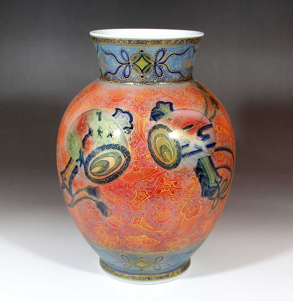 特別作品・極上手・総手描き・伝統工芸金襴手様式釉裏彩吉祥小槌絵花瓶陶芸作家 藤井錦彩 作