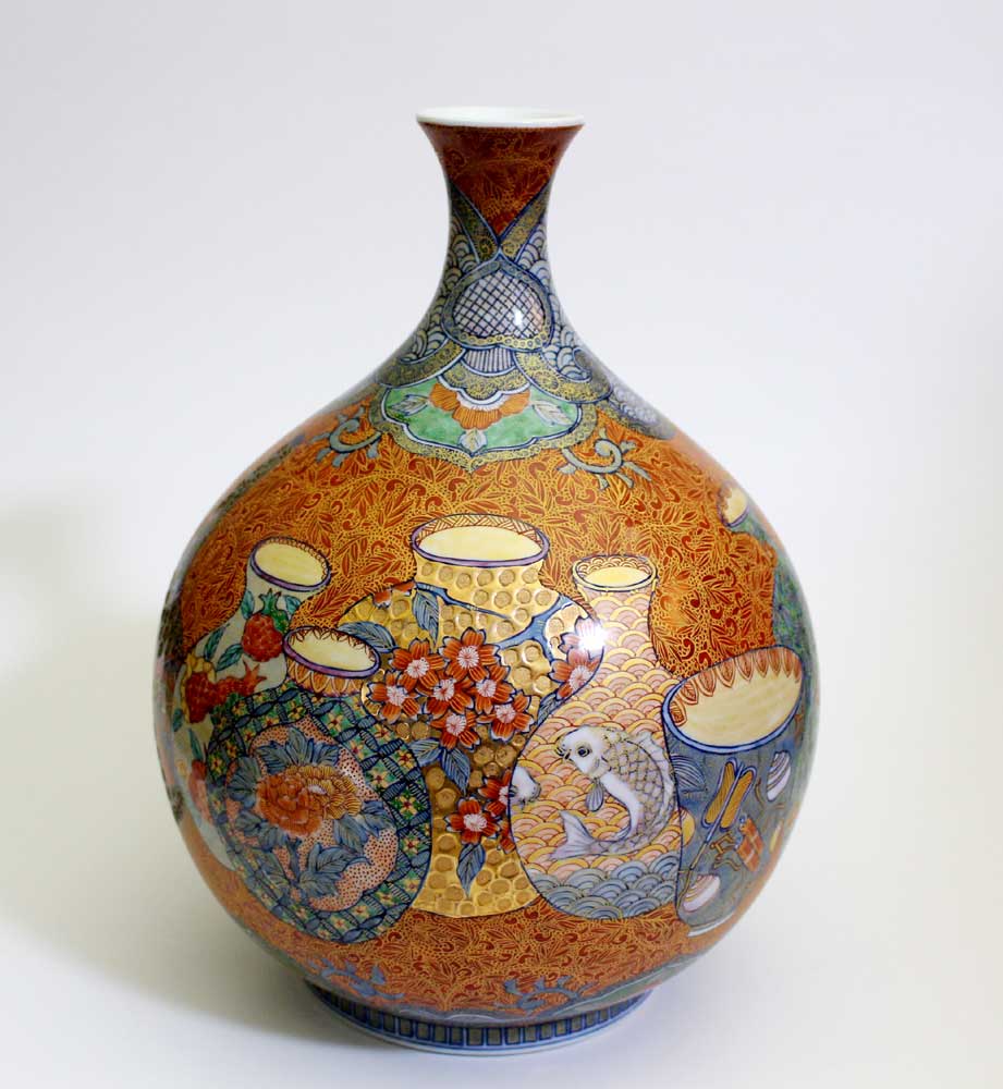 特別作品・極上手・総手描き・伝統工芸金襴手様式壷尽くし文様花瓶陶芸作家 藤井錦彩 作