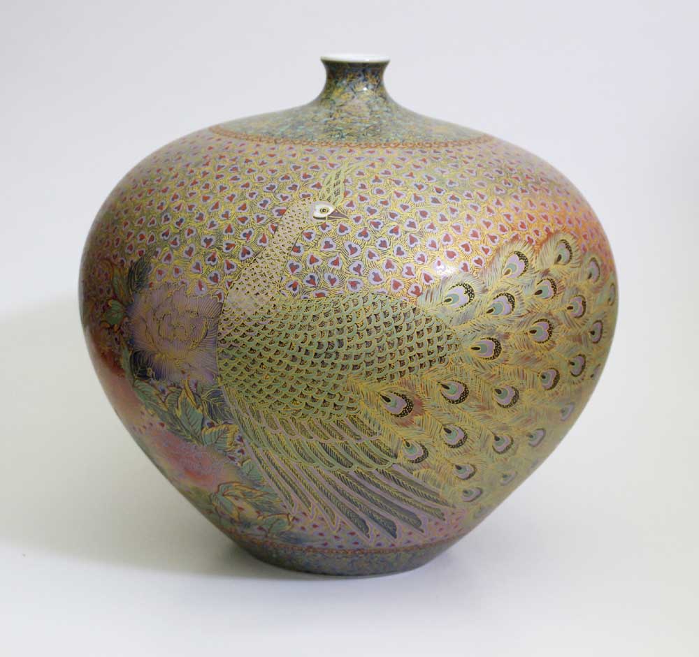 特別作品・極上手・総手描き・伝統工芸金襴手様式釉裏彩吉祥孔雀牡丹絵壷陶芸作家 藤井錦彩 作
