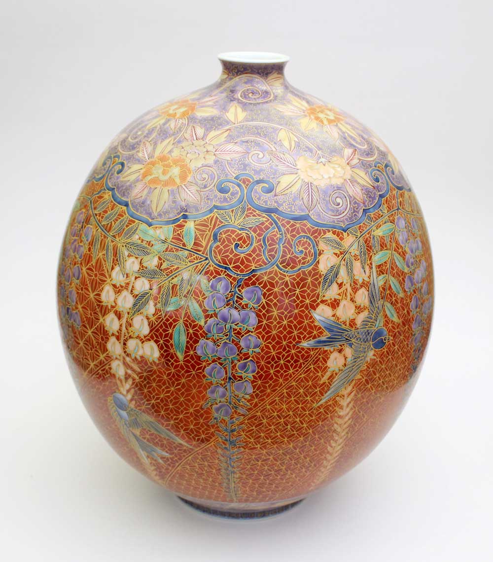 特別作品・極上手・総手描き・伝統工芸金襴手様式藤燕絵花瓶陶芸作家 藤井錦彩 作
