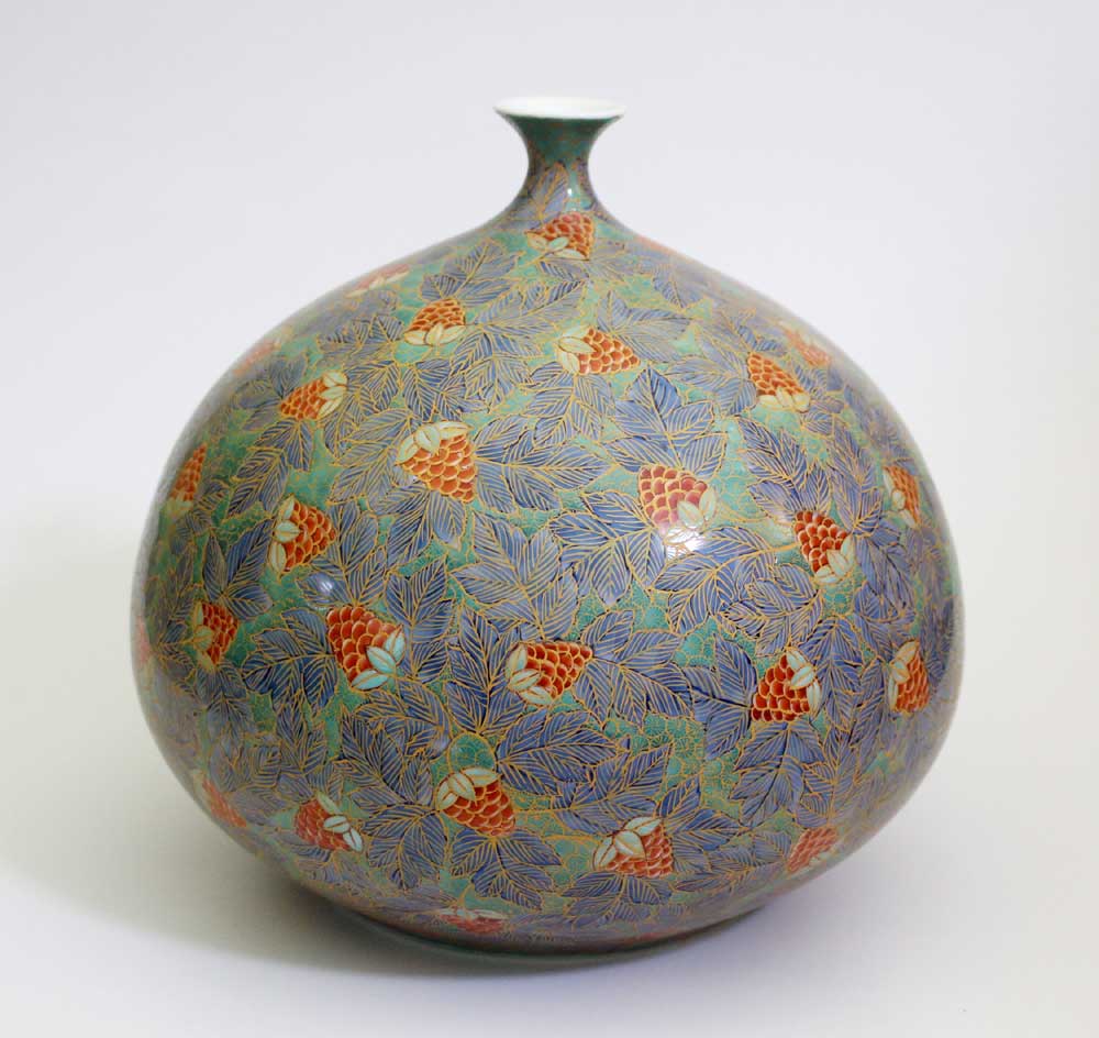 特別作品・極上手・総手描き・伝統工芸金襴手様式野苺絵花瓶陶芸作家 藤井錦彩 作