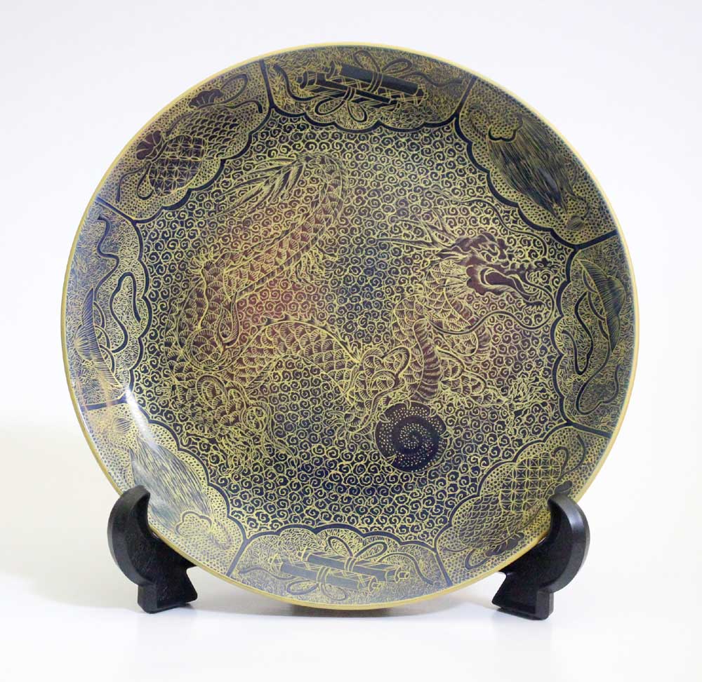 特別作品・極上手・総手描き・伝統工芸金襴手様式釉裏彩龍絵飾皿陶芸作家 藤井錦彩 作