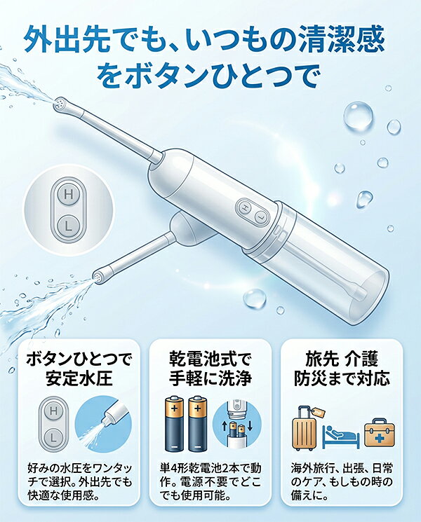 FaFeの携帯ウォッシュレット 電動 IPX6防水 2段階水圧 140ml 収納袋付き 旅行 介護 防災 乾電池式 携帯ウォシュレット おしり洗浄器 HDL-5567｜アングル3