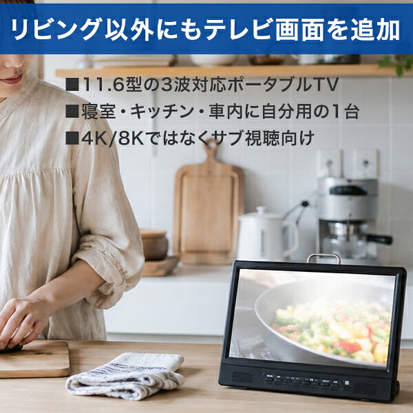 FaFeの【地デジもBSもCSも映る】ポータブルテレビ 11.6インチ 地デジ BS CS 3波 車載 HDMI入力 AC DC対応 車載バッグ付き 録画対応 AK-TV116BS｜アングル2