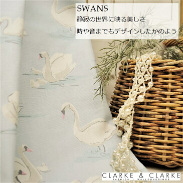 イギリス スワン柄商品名：SWANS/sky ブランド名：CLARKE＆CLARKE（クラーク＆クラーク）＊50cm以上10cm単位＊輸入生地　カルトナージュ　ハンドメイド　生地　布　鳥柄　スワン　白鳥　綿100％　おしゃれ　トートバッグ　エコバッグ　マスク