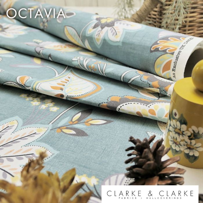 スパイス エコバッグ 輸入生地 北欧柄商品名：OCTAVIA/teal・spice ブランド名：CLARKE＆CLARKE（クラーク＆クラーク）＊50cm以上10cm単位イギリス　草木柄　花柄　ブルー　大柄　北欧　北欧調　北欧風　ハンドメイド　エコバッグ　トートバッグ　生地　布　人気