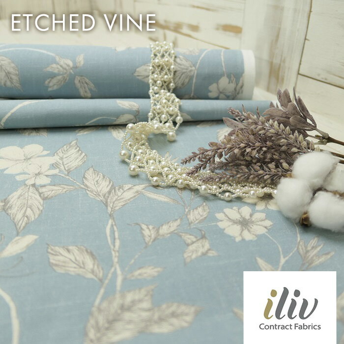 イギリス　花柄商品名：ETCHED VINE/wedgewoodブランド名：iliv（アイリブ）＊50cm以上10cm単位輸入生地　ブルー　アンティーク　草木柄　カルトナージュ　ハンドメイド　トートバッグ　エコバッグ　カーテン　生地　布　カット売り　はぎれ