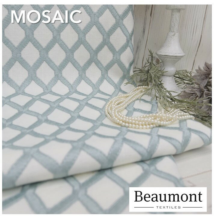 イギリス 輸入生地商品名：MOSAIC/duck eggブランド名：BEAUMONT・TEXTILES(ボーモント・テキスタイルズ/イギリス)＊ハーフカット　カルトナージュ・ハンドメイド・バッグ・ポーチ・生地・布・刺繍・グリーン・ブルー・バッグ・財布・カット売り