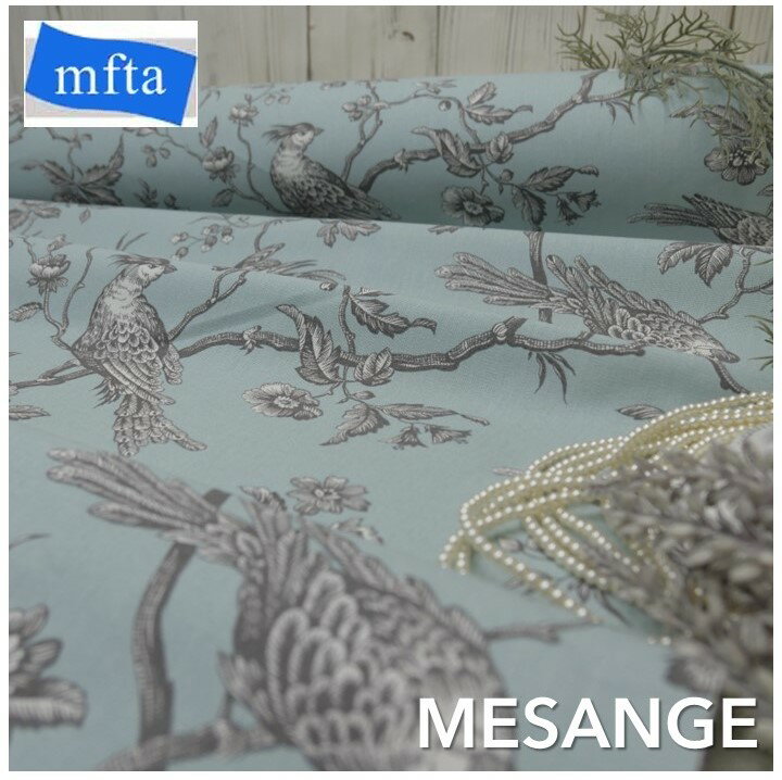 フランス　トワルドジュイ商品名：MESANGE green3457-41ブランド名：MFTA/フランス＊50cm以上10cm単位＊トワル・ド・ジュイ・フランス・綿100％・カルトナージュ・生地・布