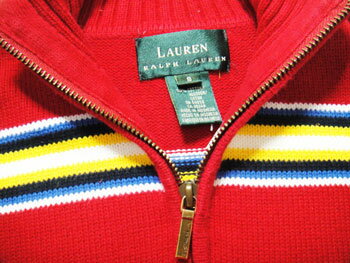 【中古】　Ralph　Lauren/ラルフローレン　”LAURENタグ” ネイティブ調ボーダー柄ハーフジップコットンニット　★サイズ：S★RM-565