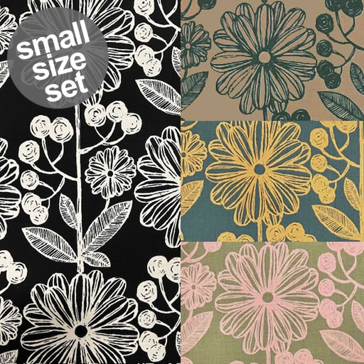 【綿麻シーチング】◎約50cm×約50cm お試し4色セット線描きの大きなお花と丸いつぼみ柄　2024のサムネイル