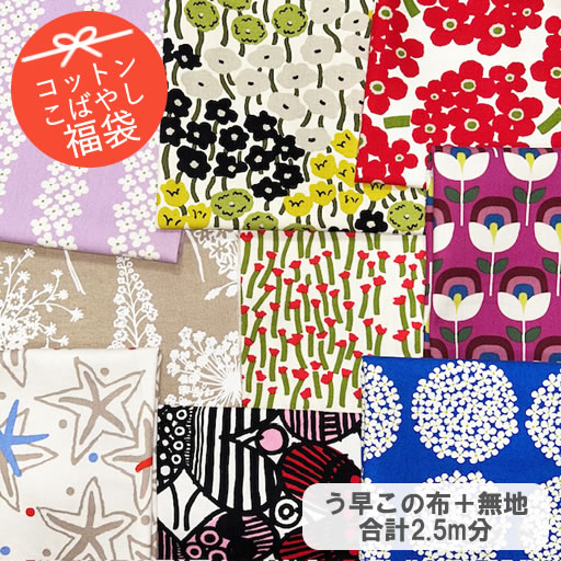【1100円以上で送料無料】合計約2.5m分★コットンこばやし福袋 う早この布3枚＋無地2枚　縦約50cm×生地巾5枚【ハンドメイド 手芸 商用可能 商用可能生地 花柄 北欧風 和柄 生地 布】のサムネイル